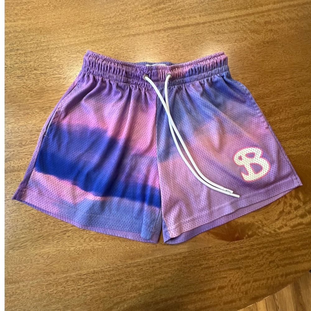 BKTSQD Mens Purple Blue Ombre Mesh Basketball Shorts Size M Tie Dye B Logo